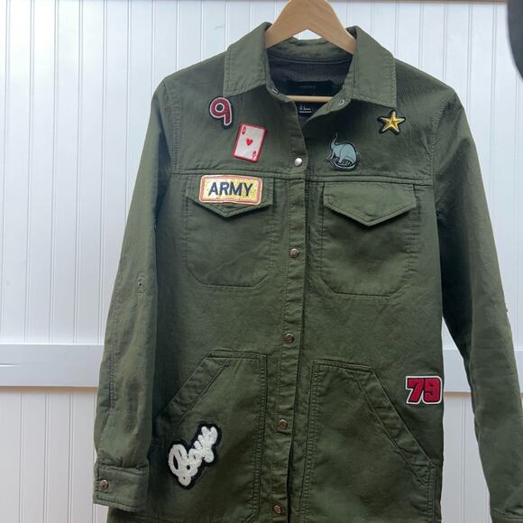 Forever 21 Patch Army Jacket Cargo Long Trenchcoat Pockets Patches Paris - Picture 8 of 9